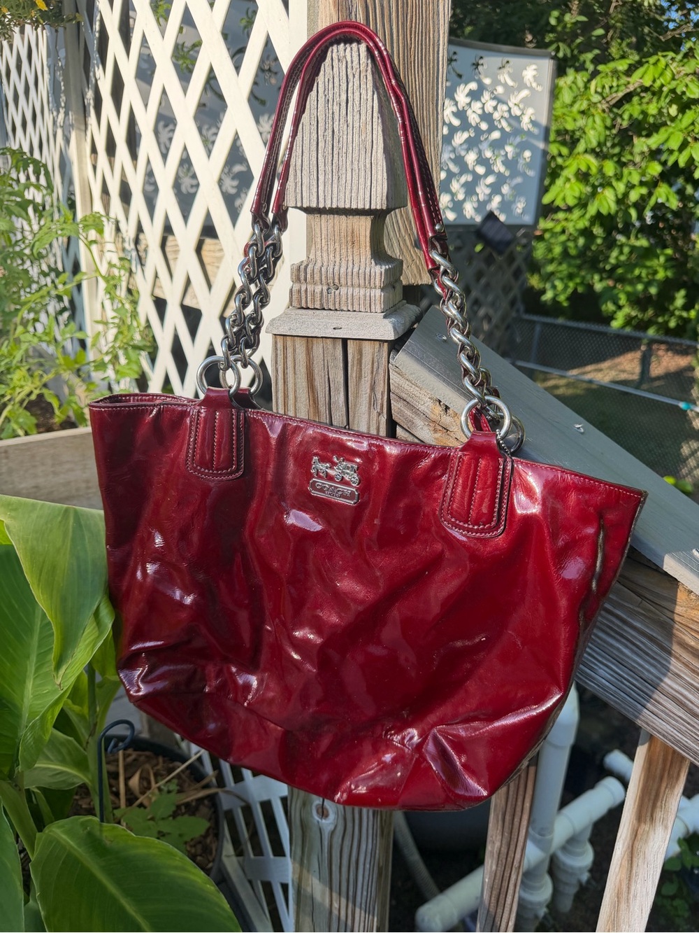 Coach Patent Leather Shoulder Tote in Burgundy